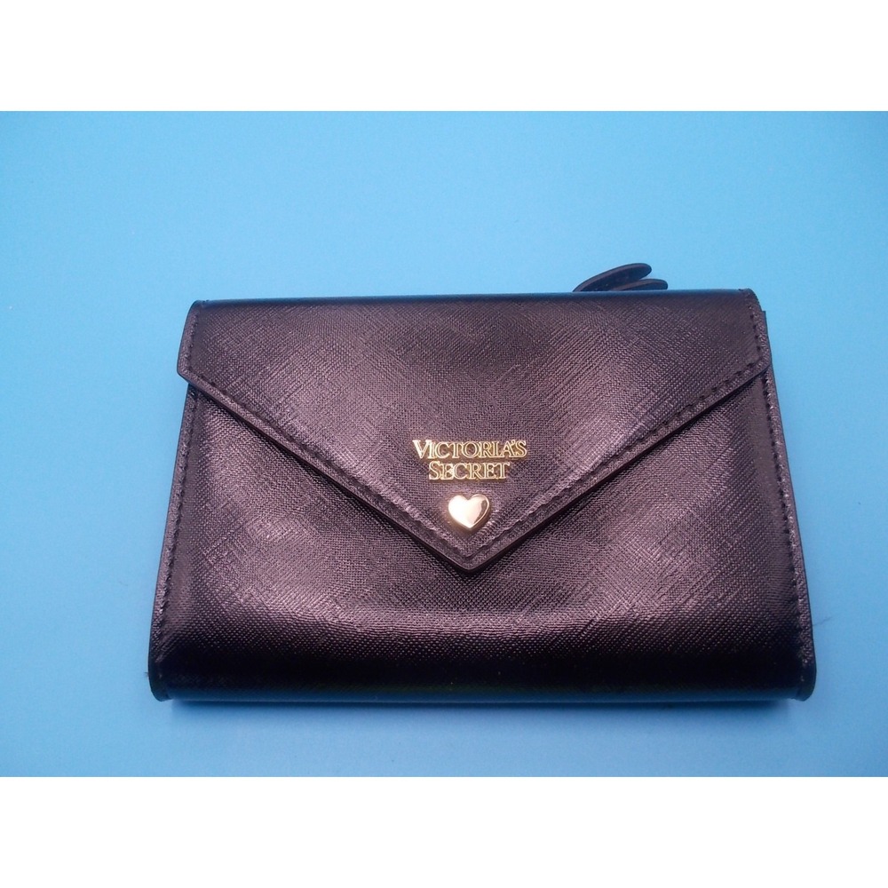 Victoria's Secret Black Saffiano Envelope Wristlet Wallet Gold Heart Logo